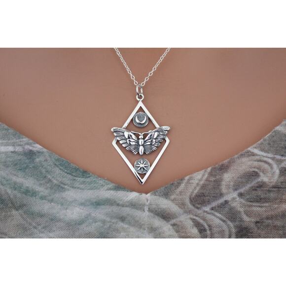 Sterling Silver Geometric Moth Charm with Sun and Moon Necklace - Picture 6 of 6